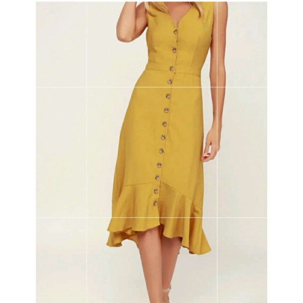 Mustard Yellow Buttons Front Midi Dress